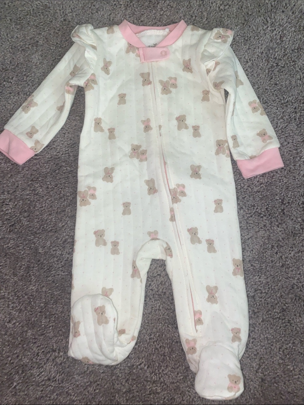 Baby Girls' Pink Trim Bear Print Footed One-Piece